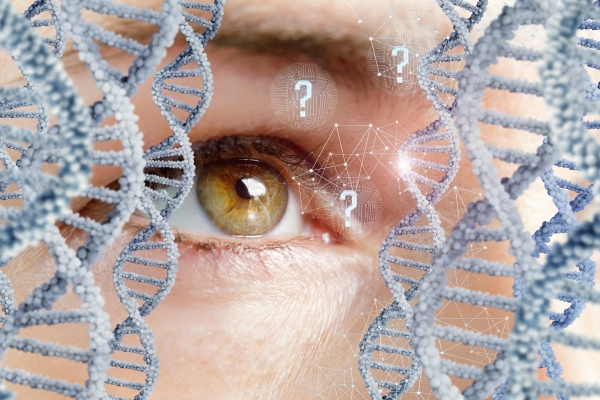 Close up of a face with artist rendering of DNA strains along the sides of the face.