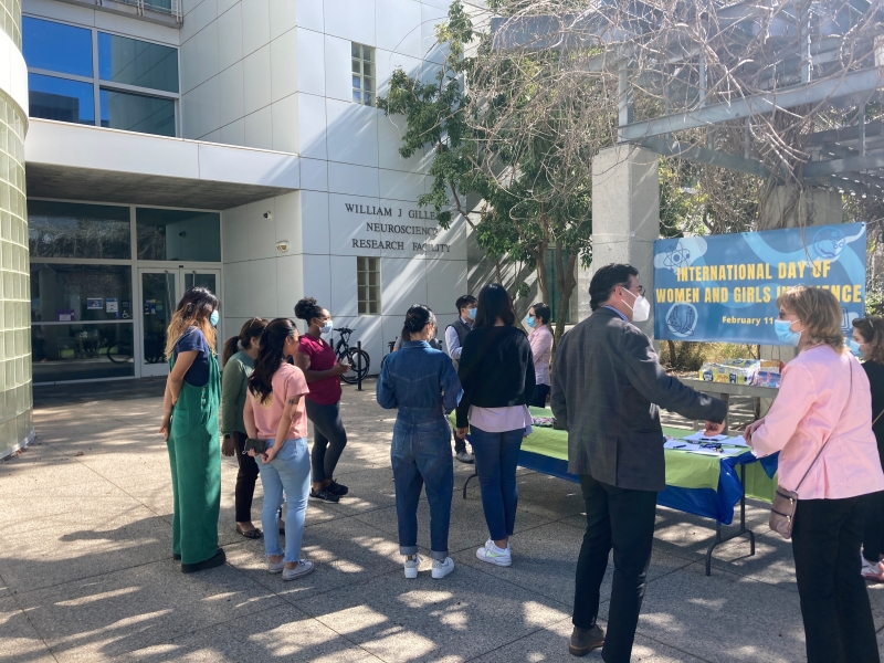 People gather outside a UCI building for an event
